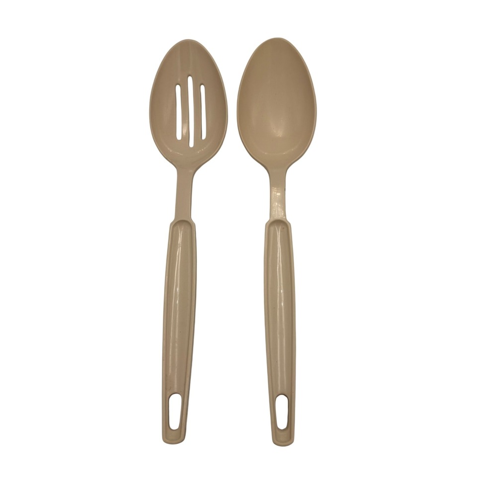 Vintage EKCO USA Plastic Serving Spoons Set Slotted Solid Almond Beige 2pc